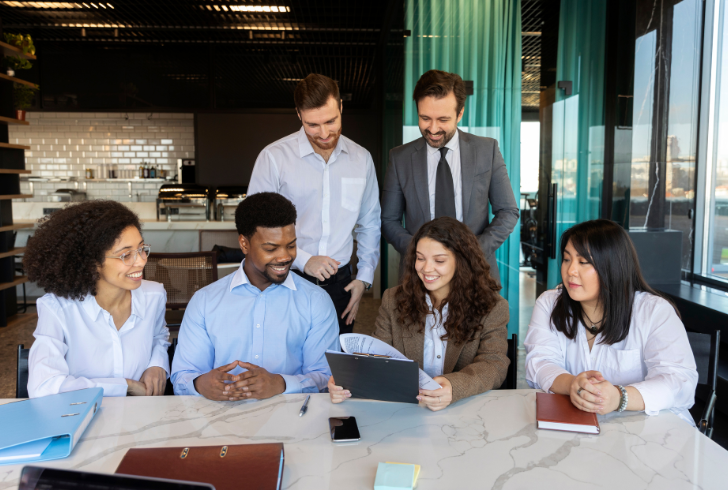 Diverse leaders collaborating in office